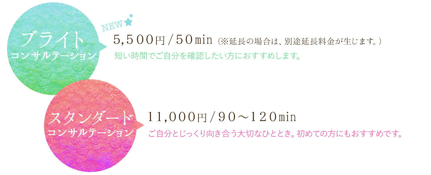 ブライトコンサルテーション50分5000円。スタンダードコンサルテーションは、90〜120分、10000円